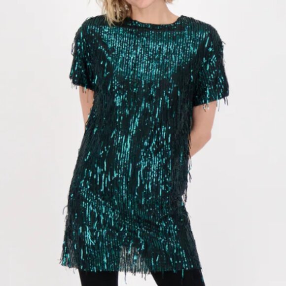 💥SHOWSTOPPER💥1920's Flapper Style Sequin & Fringe Cocktail Dr in Emerald Green - Picture 6 of 16